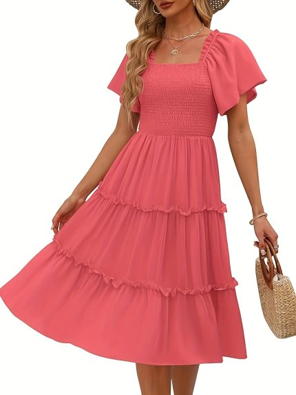 Mint Green Short Sleeve Dress Mint Green Lightweight Women's Summer Casual Short Sleeve Square Neck Dress | A-Line Knee-Length with Pleated Skirt & Smocked Detailing, Machine Washable for Beach Outings & Casual Gatherings, Smooth Texture Fabric