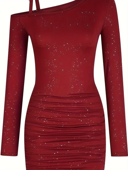 Women'S Glitter Off-Shoulder Ruched Dress - Long Sleeve, Form-Fitting, Solid Red, Summer Casual Style, Perfect for Teens, Glamorous Outfit, Teenage Fashion, Chic Shoulder Design, Offshoulder Fashion