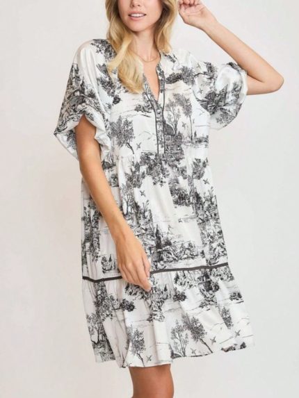 Womens Casual Toile Print Chic Vintage French Countryside Scene Flutter Sleeve Tiered Babydoll Dress White Black Scenic Pattern Short Length V Neck Flowy Summer Daily Wear Mini
