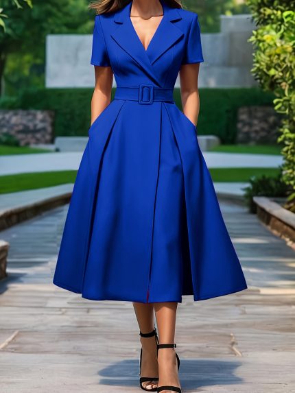 Elegant Dress Stylish Elegant Women's Short Sleeve V-Neck Dress with Belt | A-Line Midi Dress, Solid Color, Perfect for Commuting & Casual Outings