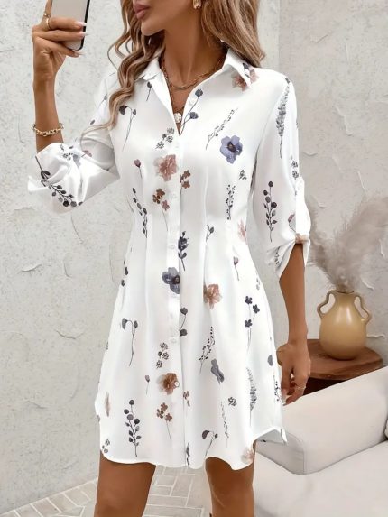 A floral printed shirt dress with elegant and fresh vacation style for women.