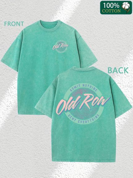 Old Row Men'S Vintage Wash Batik T-Shirt - Double Sided Circular Logo And Alphabet Print, 230G Thick Pure Cotton, Street Vintage Style Round Neck Short Sleeve Summer T-Shirt (Grey And Turquoise)
