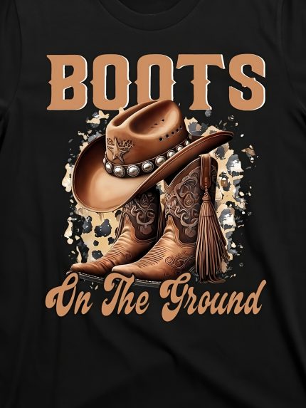 Boots On The Ground Western Cowboy Graphic T-Shirt - Vintage Retro Style 180g Heavyweight Cotton Tee with Distressed Typography & Cowboy Boot Design for Men & Women, All-Season Comfort, Machine Washable, Country Music Fan Apparel | Durable Fabric Shirt