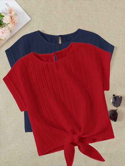 Women'S Elegant Red Ruched Short Sleeve Top with Tie-Front Detail - Lightweight Polyester, Springu002FSummer Casual Wear, Perfect for Beach or Vacation Outfits, Beachwear Top | Ruched Texture Top | Polyester Fabric