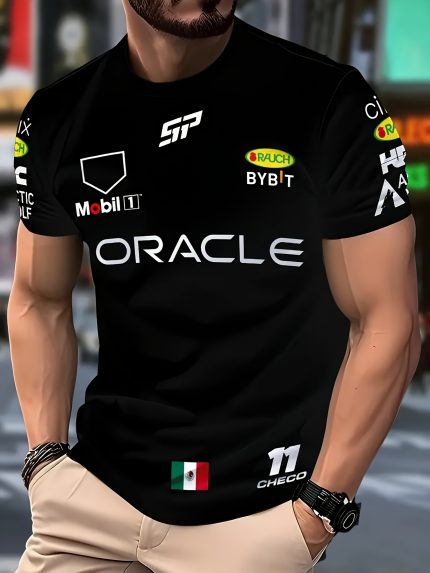 Men's Checo Perez No. 11 Racing Graphic T-Shirt - Full-Body Print Breathable Short Sleeve Tee, Regular Fit Summer Casual Top with Sponsor Logos (Oracle, BWT,), Motorsport Fan Apparel, Sporty Casual Style, Machine Washable Fabric