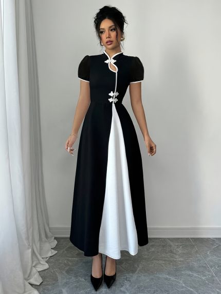Elegant Pencil Dress Elegant Black and White Pencil Dress | Stand Collar, Button Front, A-Line Design, Perfect for Adult Women, All Seasons - Stylish Attire, Classic Aline, Stylish Heels