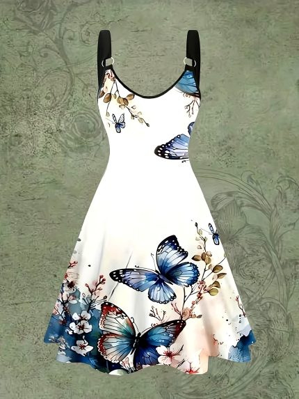 Perfect Summer Chic Butterfly Print Sleeveless Dress for Women - Machine Washable, Easy Care Polyester