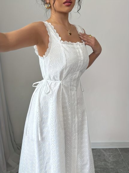 Summer Holiday Dress White Summer Holiday Elegant Solid Color Embroidered Square Neck Sleeveless Dress