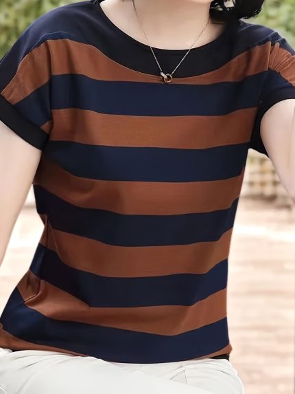 Women'S Casual Striped Short Sleeve T-Shirt - Asymmetrical Hem, Crew Neck, Lightweight Polyester Blend, Black & Gray Vertical Stripes, Perfect for Casual Attire, Casual Wear Tee | Asymmetrical Hem Tee | Glossy Texture Shirt