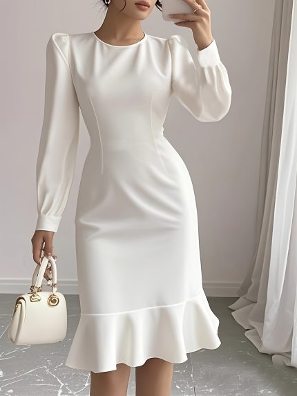 Women's Elegant Slim Fit Long Sleeve Dress - Soft Light Beige-Friendly Fabric, Back Zipper Closure, Round Neck, Solid Color, Machine Washable for Autumnu002FWinter Indoor & Outdoor Wear, Formal Attire, Comfortable Fashion