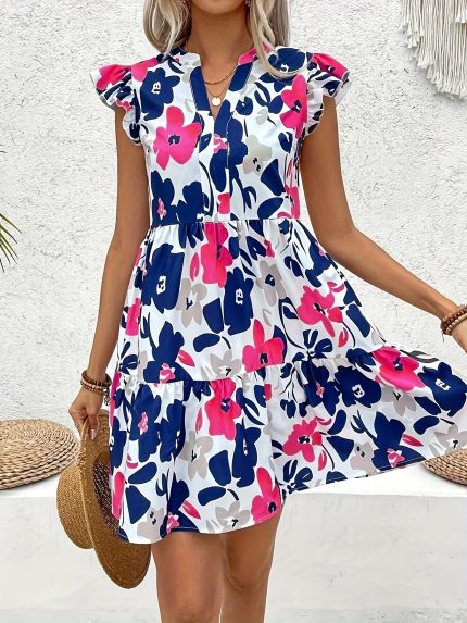 Women'S Floral Print Sleeveless Dress - Vibrant Blue, Pink, and White Floral Pattern, Short, Notched Neckline, Perfect for Summer Vacation, Vacation Attire|Floral Print Dress|Short Sleeveless Dress