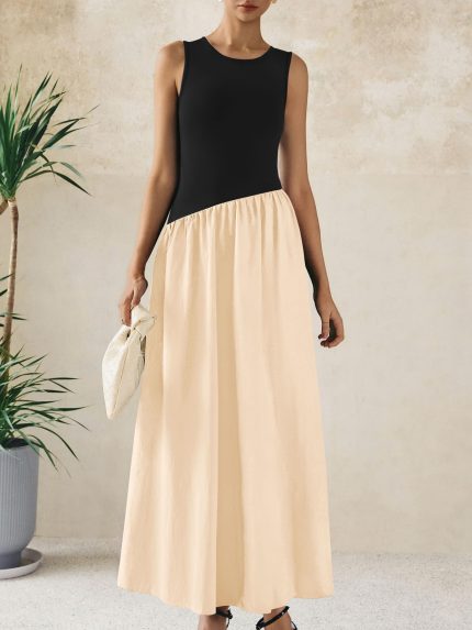 Women's Elegant Maxi Sundress - Sleeveless Black & Beige two-tone dress, Flowy A-Line skirt for Beach, Parties, Everyday - All-Season Casual to Formal Outfits, Beach Dresses