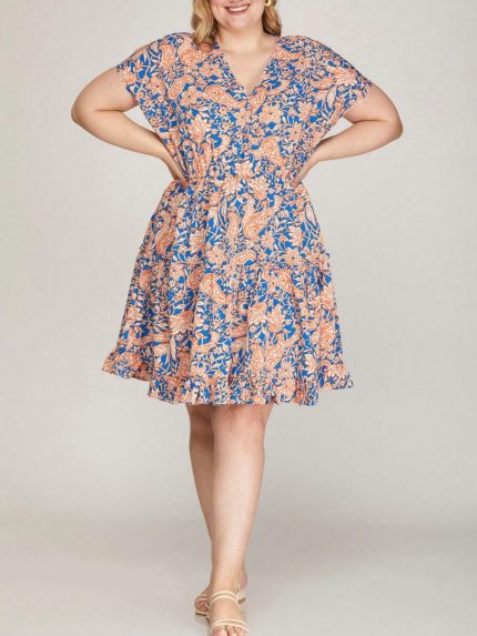 Womens Casual Plus Size Boho Chic Paisley Print Ruffle Hem Mini Dress Blue Coral Pattern V Neck Cap Sleeve Above Knee Flowy Summer Beach Vacation Party Sundress